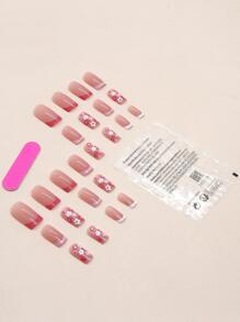 使用 24入組霓虹粉色流行花朵短方形全覆蓋假指甲套件升級您的造型 - 彩色 - 查看 2