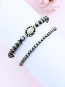 Bộ 2 vòng tay ngọc trai giả trang trí đá ngọc lam sang trọng - Màu be - Xem 2