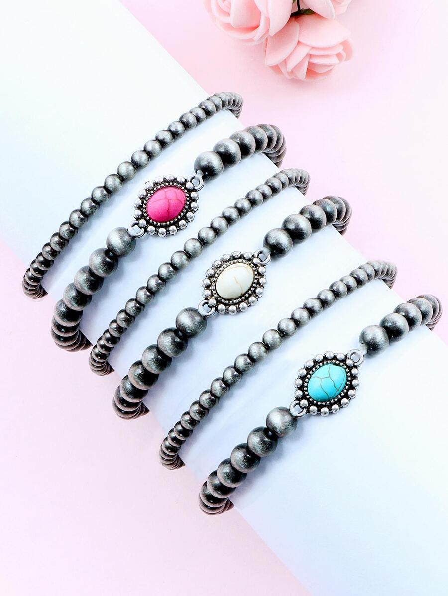 Bộ 2 vòng tay ngọc trai giả trang trí đá ngọc lam sang trọng - Màu be - Xem 1