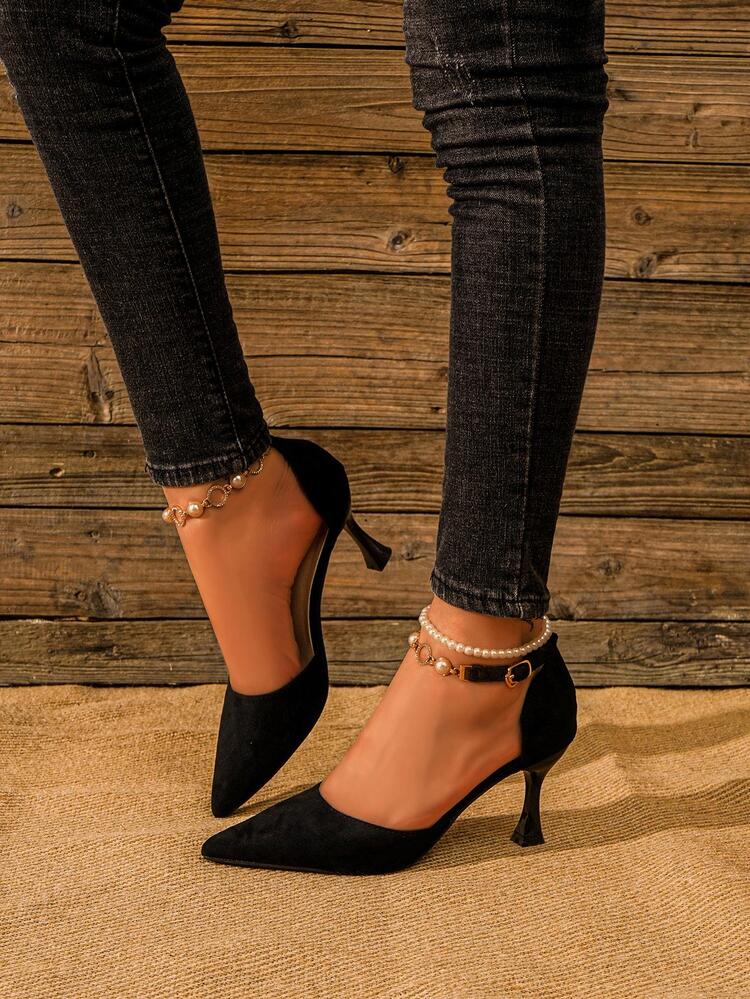 negro Copa de vino tacón Tacones para mujeres con diseño unico con con perla detallado de cadenas - Negro - Ver 4
