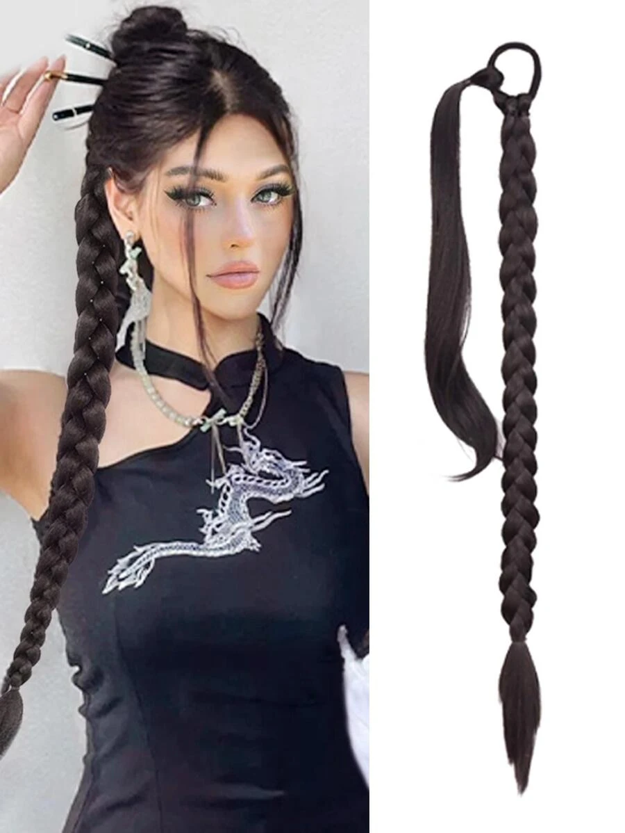 长款编织马尾接发 22英寸/24英寸/28英寸/30英寸/32英寸/36英寸/40英寸 黑棕色环绕式接发 马尾辫 自然柔软合成假发片，女士适用