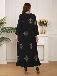 Vestido con estampado de dibujo bajo con fruncido - Negro - Ver 3