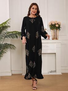 Vestido con estampado de dibujo bajo con fruncido - Negro - Ver 7