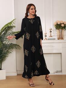 Vestido con estampado de dibujo bajo con fruncido - Negro - Ver 10