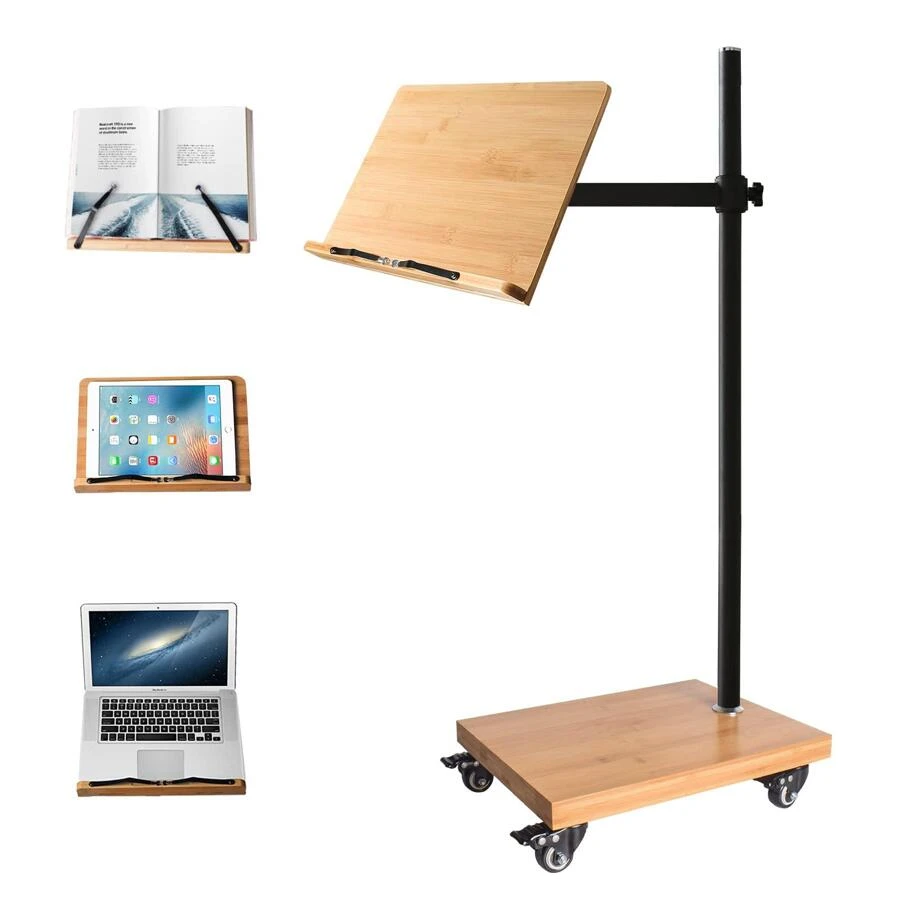 Wishacc Book Stand for Reading, Rolling Extra Large Lectern Stand with Wheels, Bamboo and Sturdy Metal Build, Height Adjustable, 180 Degrees Swing - 竹木色 - 查看 1