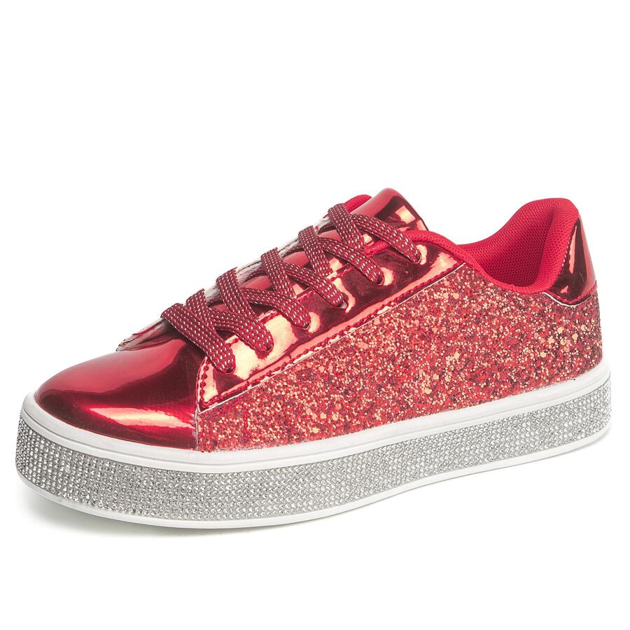 JEKO Women's Glitter Tennis Sneakers Neon Dressy Sparkly Sneakers Rhinestone Bling Wedding Bridal Shoes Shiny Sequin Shoes - 紅色 - 查看 1