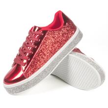 JEKO Women's Glitter Tennis Sneakers Neon Dressy Sparkly Sneakers Rhinestone Bling Wedding Bridal Shoes Shiny Sequin Shoes - 紅色 - 查看 4