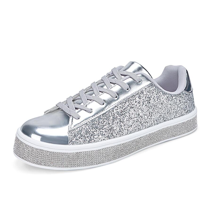 JEKO Women's Glitter Tennis Sneakers Neon Dressy Sparkly Sneakers Rhinestone Bling Wedding Bridal Shoes Shiny Sequin Shoes - 銀色 - 查看 1