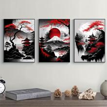 3入組無框日本自然山水帆布繪畫黑色和紅色的海報復古墨水藝術掛畫印刷適用於客廳臥室家庭裝飾邊框 - 彩色 - 查看 1