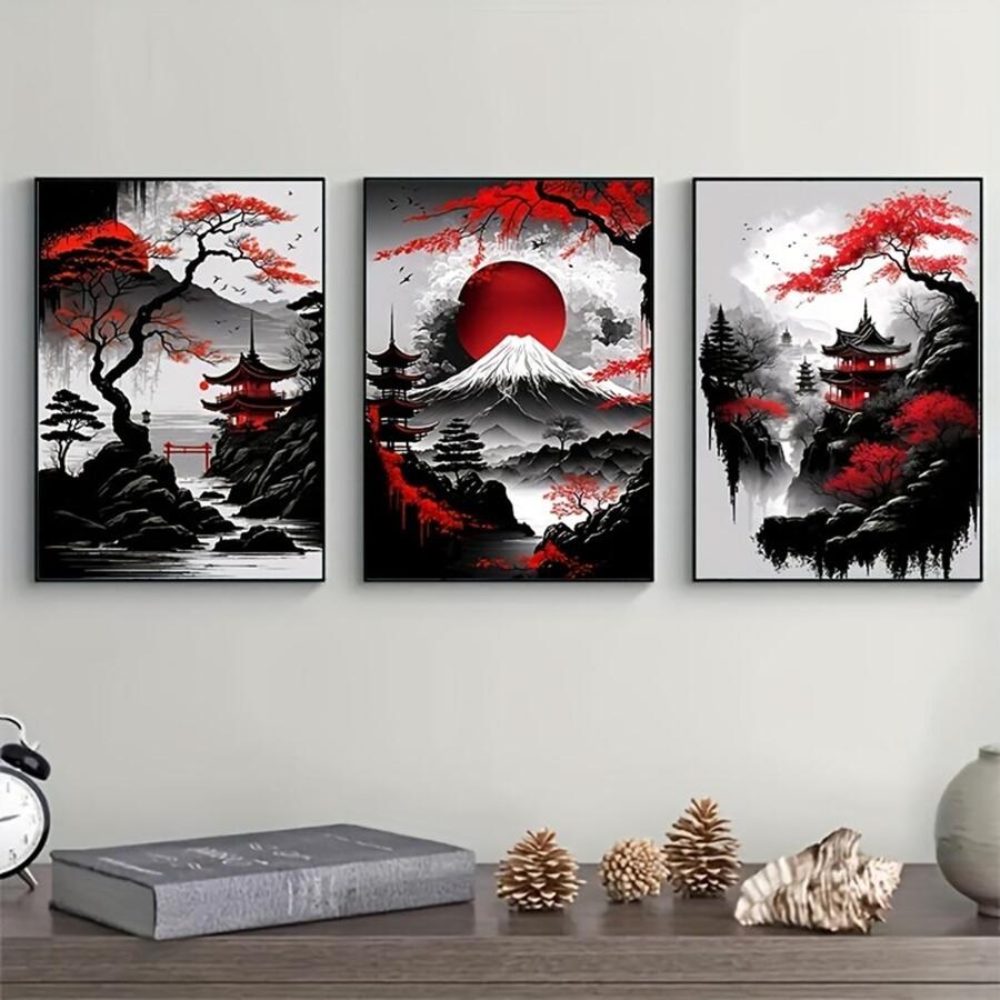 3入組無框日本自然山水帆布繪畫黑色和紅色的海報復古墨水藝術掛畫印刷適用於客廳臥室家庭裝飾邊框 - 彩色 - 查看 1