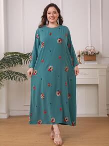 Plus Floral Print Dress - Green - View 1