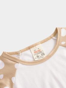 少女波點和卡通圖形縫肩袖緊身睡衣套裝 - 卡其色 - 查看 3