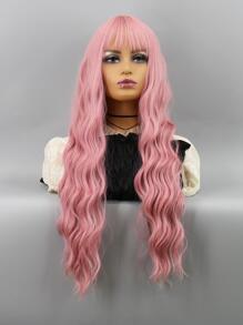Synthetic Heat Resistant Wigs Long Wavy Curly  Wigs With Bangs Pink Wigs 32 Inch Full Machine Made Young Stylish Wigs Good Quality Synthetic Wigs Daily Party Use - Pink - View 4