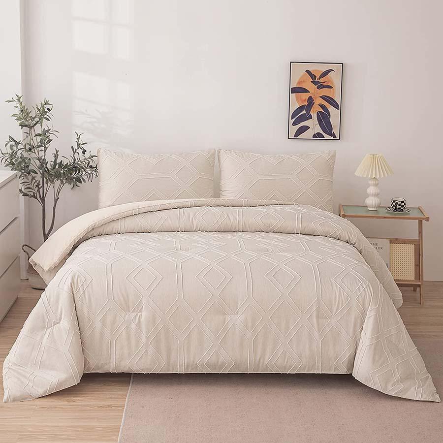 Cream Comforter Set, Beige Boho Tufted Design Bedding, Soft Reversible Microfiber Comforter Set, Farmhouse Bed Sets For Women Men 3 Pieces (1 Comforter, 2 Pillowcases) - Màu be - Xem 1