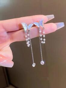 韓語風格蝴蝶形狀水鑽&珍珠&流蘇夾耳環,時尚和豪華首飾配件適合女士 - 白色 - 查看 1
