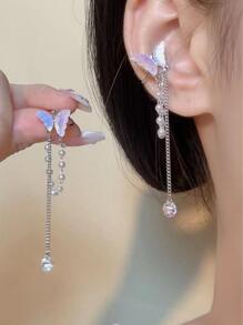 韓語風格蝴蝶形狀水鑽&珍珠&流蘇夾耳環,時尚和豪華首飾配件適合女士 - 白色 - 查看 3