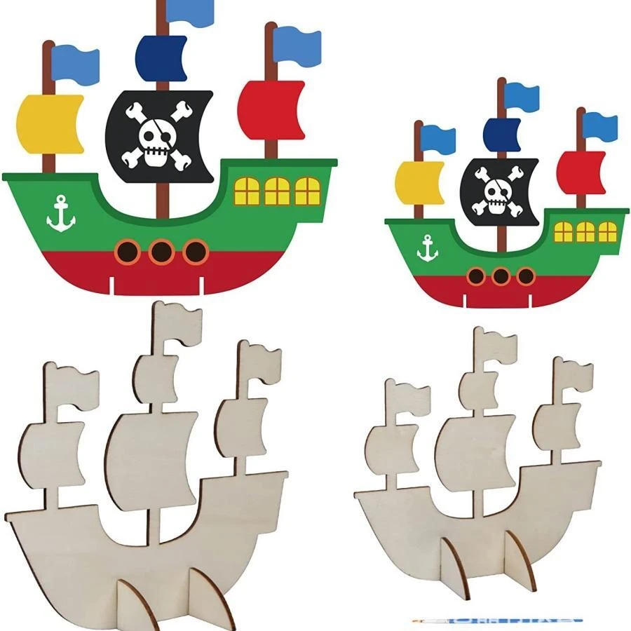 8件套木制海盗船装饰品套装，含2支画笔，适用于寻宝活动 - 黃色 - 查看 1
