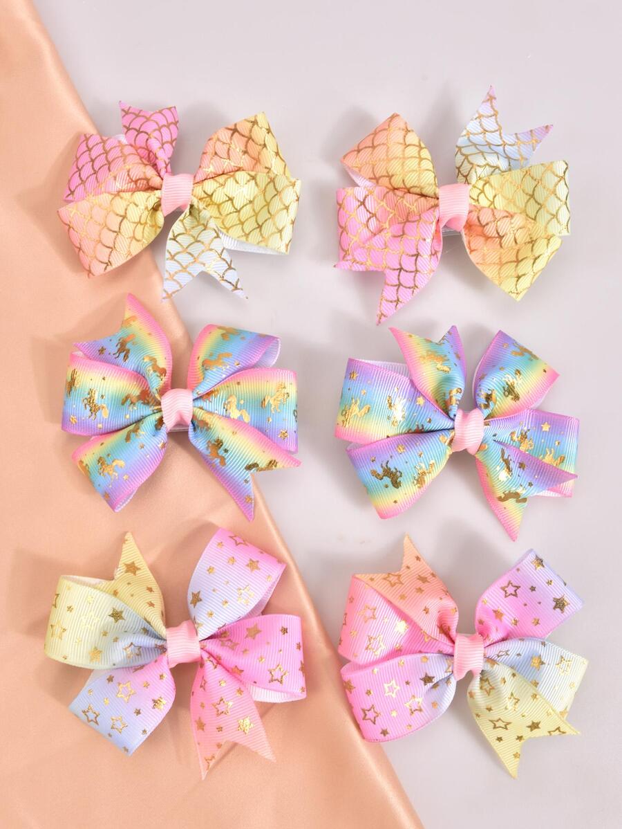 6入組女孩星星圖案蝴蝶結裝飾可愛鴨嘴夾適用於頭髮裝飾用品 - 彩色 - 查看 1