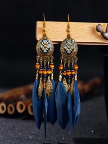 Round Painting Oil Dandelion Fringe Earrings For Women With White Feather Decor