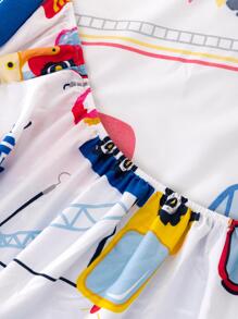 3pcs Construction Vehicle Printed Bedsheet Set, Pillowcases Not Included