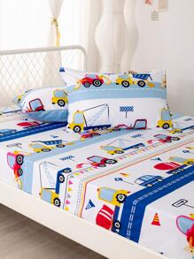 3pcs Construction Vehicle Printed Bedsheet Set, Pillowcases Not Included
