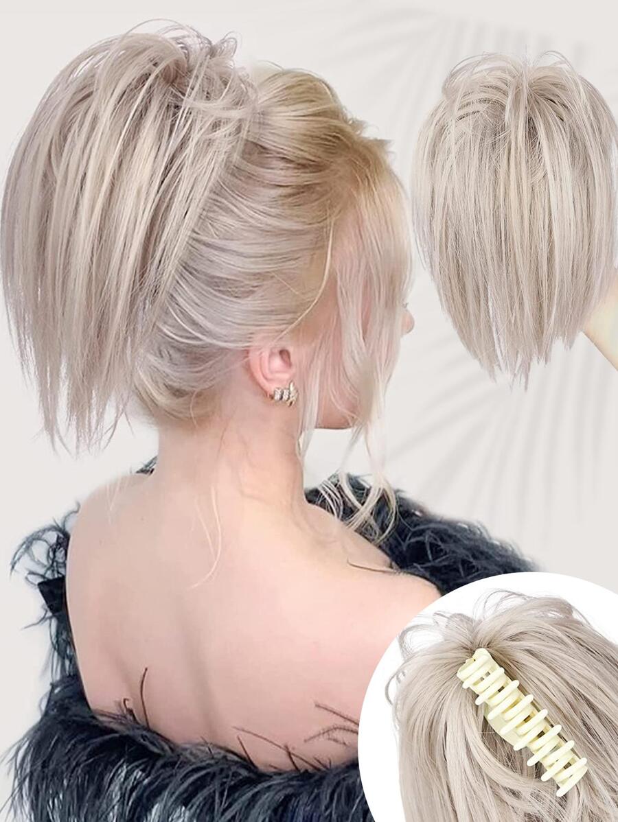 Y2K Messy Bun Hair Piece Hot Bán Phong cách Claw Ponytails Messy Bun Claw Clip Tousled Updo Hair Với phần mở rộng tóc tổng hợp thẳng 12 inch cho phụ nữ Cô gái - Bạc - Xem 1
