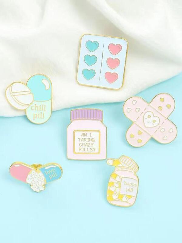 6 piezas dulce esmalte Broche Set , incluye pastilla Botella & apósito adhesivo en forma de Broches