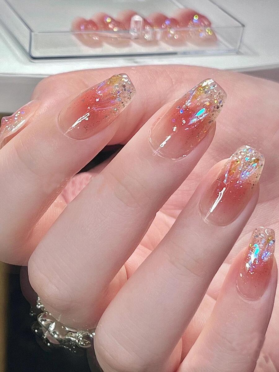 24 件短棺材形按压指甲，渐变腮红搭配闪光、星星和水钻日式美甲套装，瞬间提升您的外观；附带 1 个果冻凝胶和 1 个指甲锉 美甲用品 美甲 - 彩色 - 查看 1