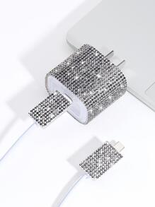 3入組水鑽裝飾充電器數據線保護頭套裝適用於iphone - 黑色 - 查看 1