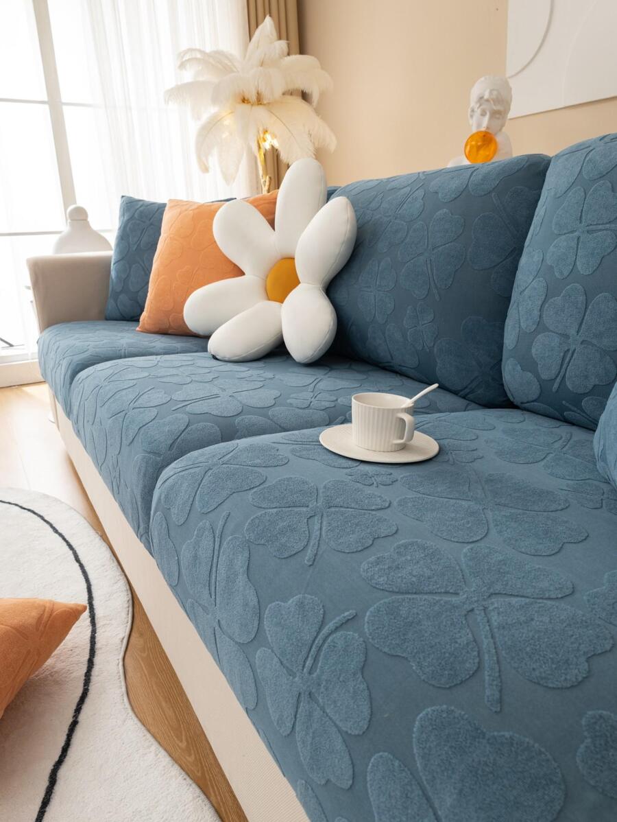 1pc Clover Jacquard Elastic Sofa Cover Suitable For All Seasons - Blue - View 1
