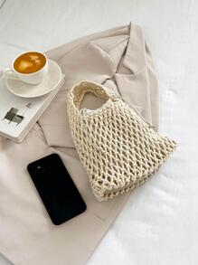簡約風素色鏤空針織托特包帶內袋 - 米色 - 查看 6