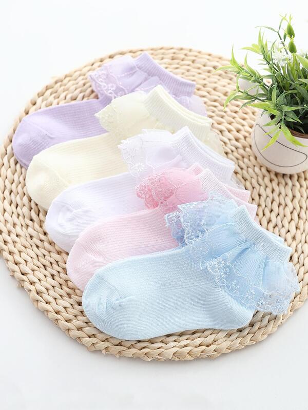 5 Pares De Meias Casuais De Malha Com Borda De Babados Respiráveis Sem Mostrar Para Uso Diário De Meninas