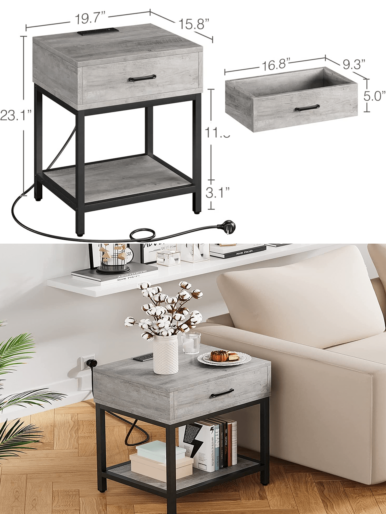 Nightstands with Charging Station, Set of 2 End Tables Living Room with