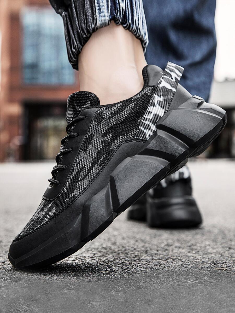 Giày thể thao nam buộc dây họa tiết camo chunky, giày thể thao vải ngoài trời - màu đen - Xem 1