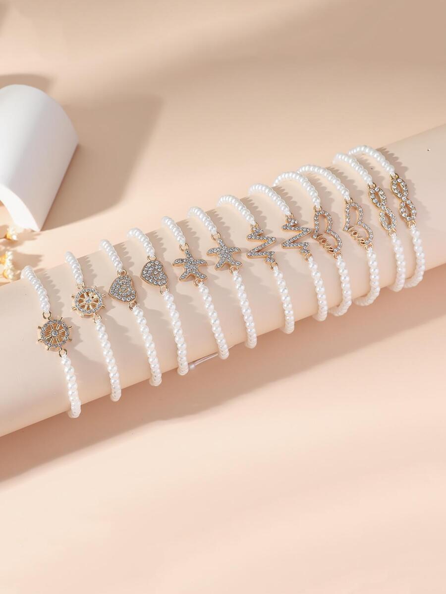 1set/12pcs Simple & Fashionable Faux Pearl & Bead Braided Bracelet Set With Rhinestone Heart & Starfish Diy Combination Bracelet Set For Women Friendship Bracelet Set - White - View 1