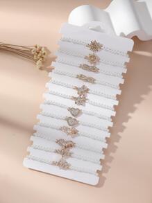1set/12pcs Simple & Fashionable Faux Pearl & Bead Braided Bracelet Set With Rhinestone Heart & Starfish Diy Combination Bracelet Set For Women Friendship Bracelet Set - White - View 2