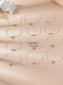 1set/12pcs Simple & Fashionable Faux Pearl & Bead Braided Bracelet Set With Rhinestone Heart & Starfish Diy Combination Bracelet Set For Women Friendship Bracelet Set - White - View 3