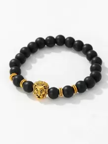 LIANDU LIANDU 2 Stück/Set Herrenuhr Mode Lässig Quarz Rundes Zifferblatt Armbanduhr und Löwenkopf Perlenarmband Schmuckset, geeignet für den täglichen Gebrauch, Schulanfangszeit, Abschlusszeit, Thanksgiving, Paare, die besten Geschenke, Uhrenbox nicht enthalten