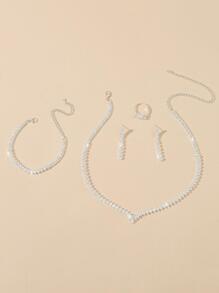 5pcs/Set Luxury Cubic Zirconia Bridal Full-Crystal Jewelry Set, Fashion Banquet Accessories - Silver - View 3