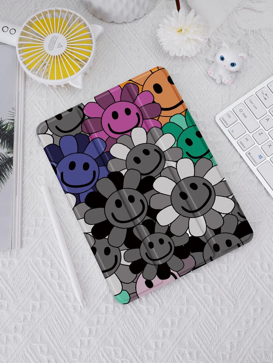Funda con diseño de flores y cara sonriente compatible con iPad de 10.2 pulgadas de 2021/2020 iPad 9th/8th Generation, compatible con Samsung Galaxy Tab A8 de 10.5 pulgadas de 2022, compatible con funda para tablet, con soporte para bolígrafo, admite función de suspensión/activación automática