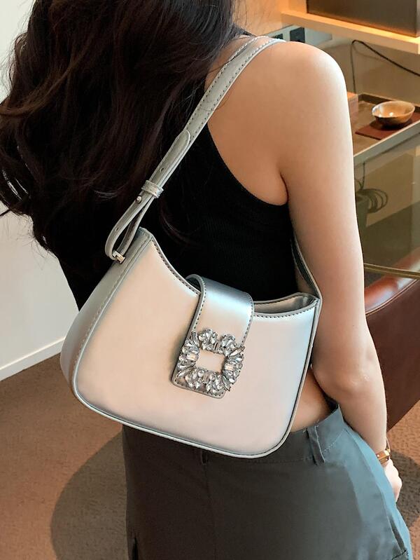 Mini Rhinestone Decor Hobo Bag Pu Minimalist Metallic Funky