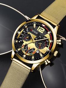 1pc Men Round Pointer Quartz Watch & 2pcs Jewelry Set - Gold - View 3