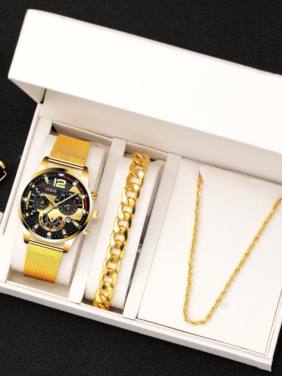 1pc Men Round Pointer Quartz Watch & 2pcs Jewelry Set - Gold - View 1