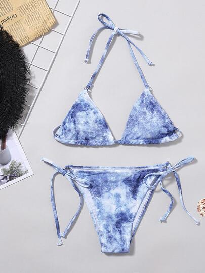 Tie Dye Halter Triangle Tie Side Bikini Set Summer