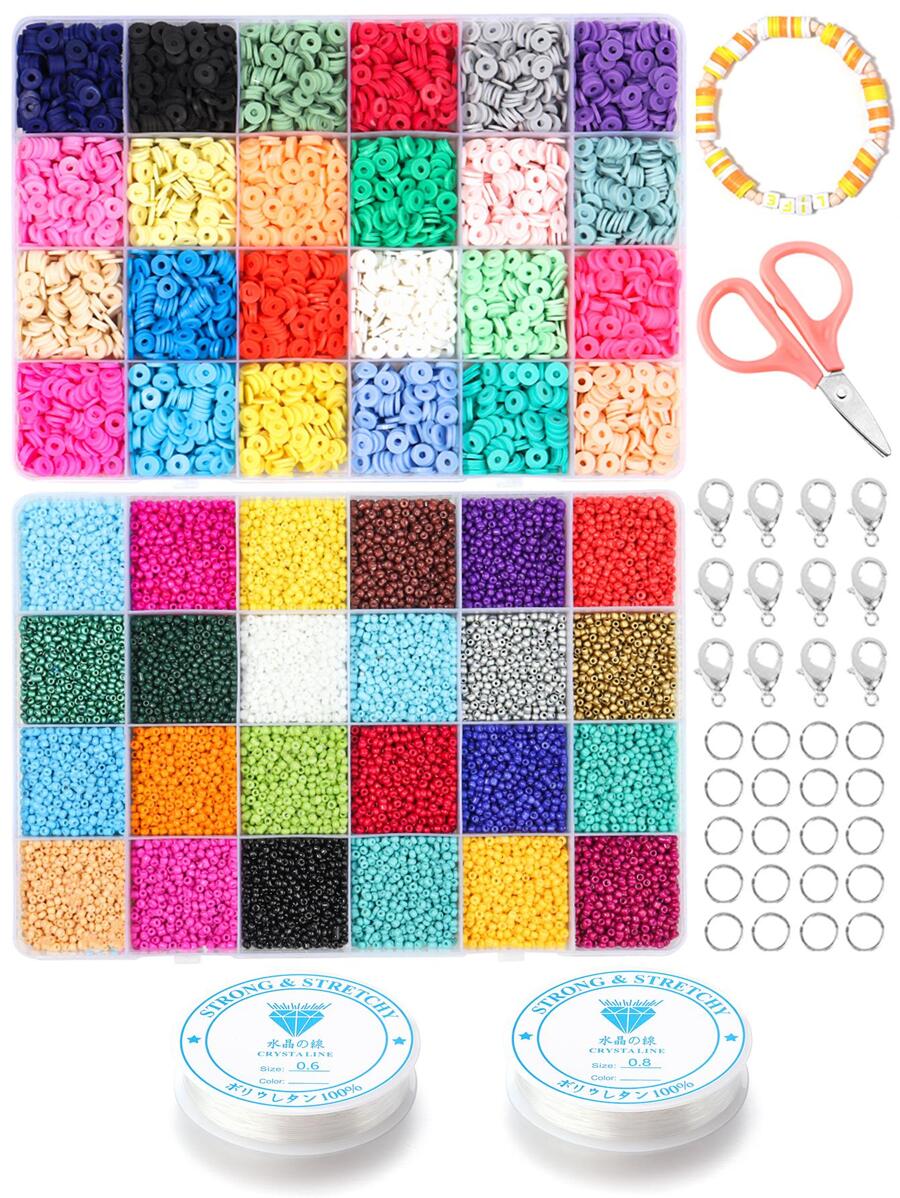 1盒種籽珠/粘土珠,用於手鍊項鍊製作,扁平圓形聚合物粘土珠分隔珠手工珠寶,帶有彈性線diy初學者套裝 - 彩色 - 查看 1