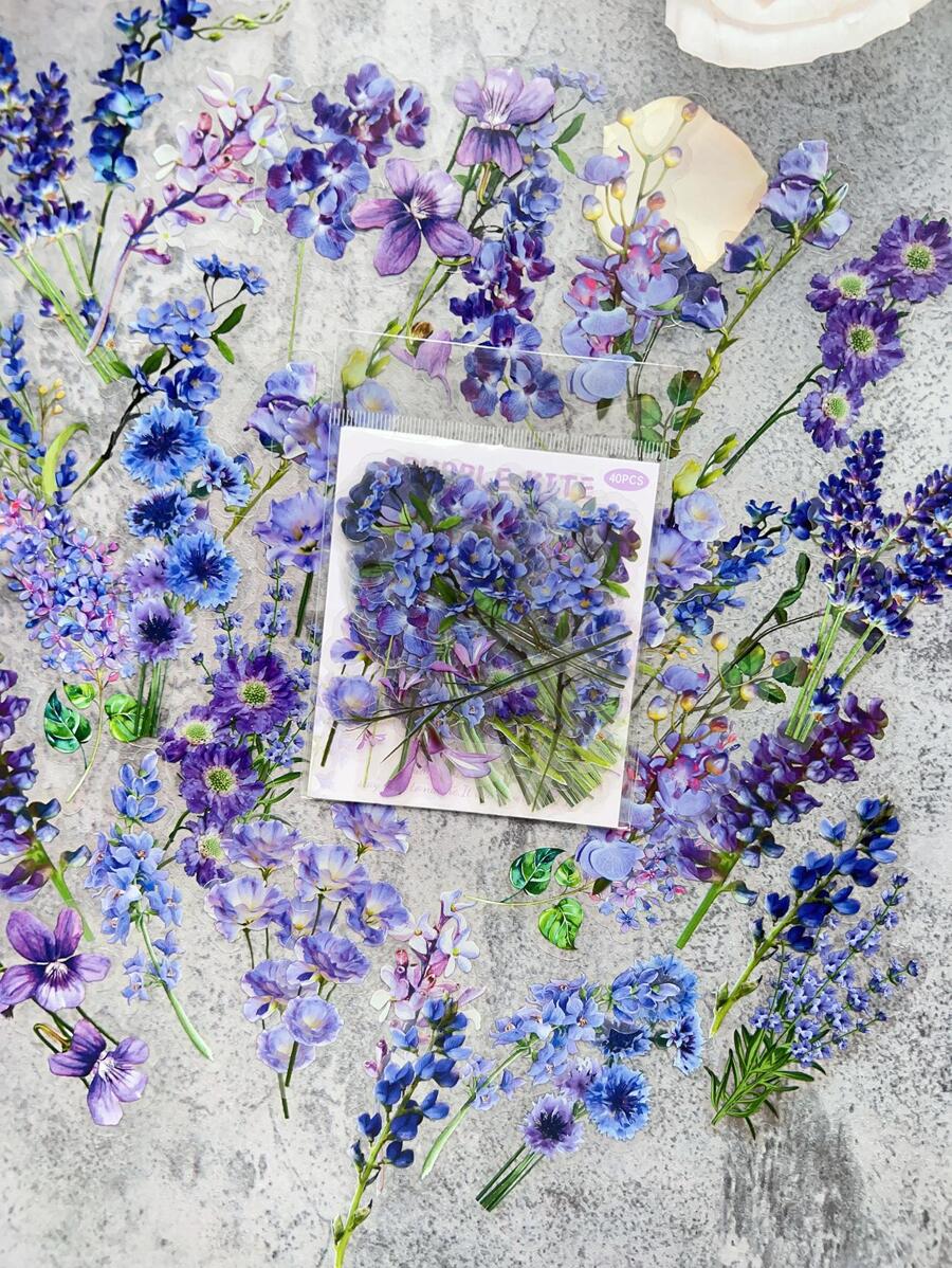 40pcs Purple Flower Pattern Scrapbooking Stickers For Planner Decoration - Multicolor - View 1