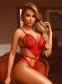 Body Sexy Renda Strappy Detalhes Argolas Bracelete Rendadas - Vermelho - Visão 3