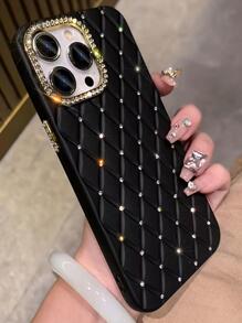1 Stück Apfel Schwarz/Pink/Lila kariertes Muster Strass Handyhülle mit abnehmbarem goldfarbenem Ring, weiche Hülle, einfach kreativ, Frauenstil, kompatibel mit iPhone