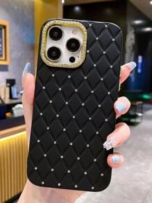 1 Stück Apfel Schwarz/Pink/Lila kariertes Muster Strass Handyhülle mit abnehmbarem goldfarbenem Ring, weiche Hülle, einfach kreativ, Frauenstil, kompatibel mit iPhone