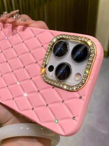 Ốp điện thoại Apple Baby Pink 1 chiếc màu đen/hồng/tím kẻ caro đính đá Rhinestone có thể tháo rời, ốp mềm, đơn giản và sáng tạo, tương thích với iPhone, phong cách dành cho nữ - Hồng - Xem 3